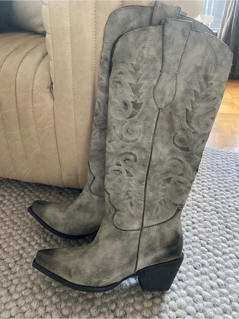 Grey Cowboy Boot Topstitched & distressed Vegan Leather